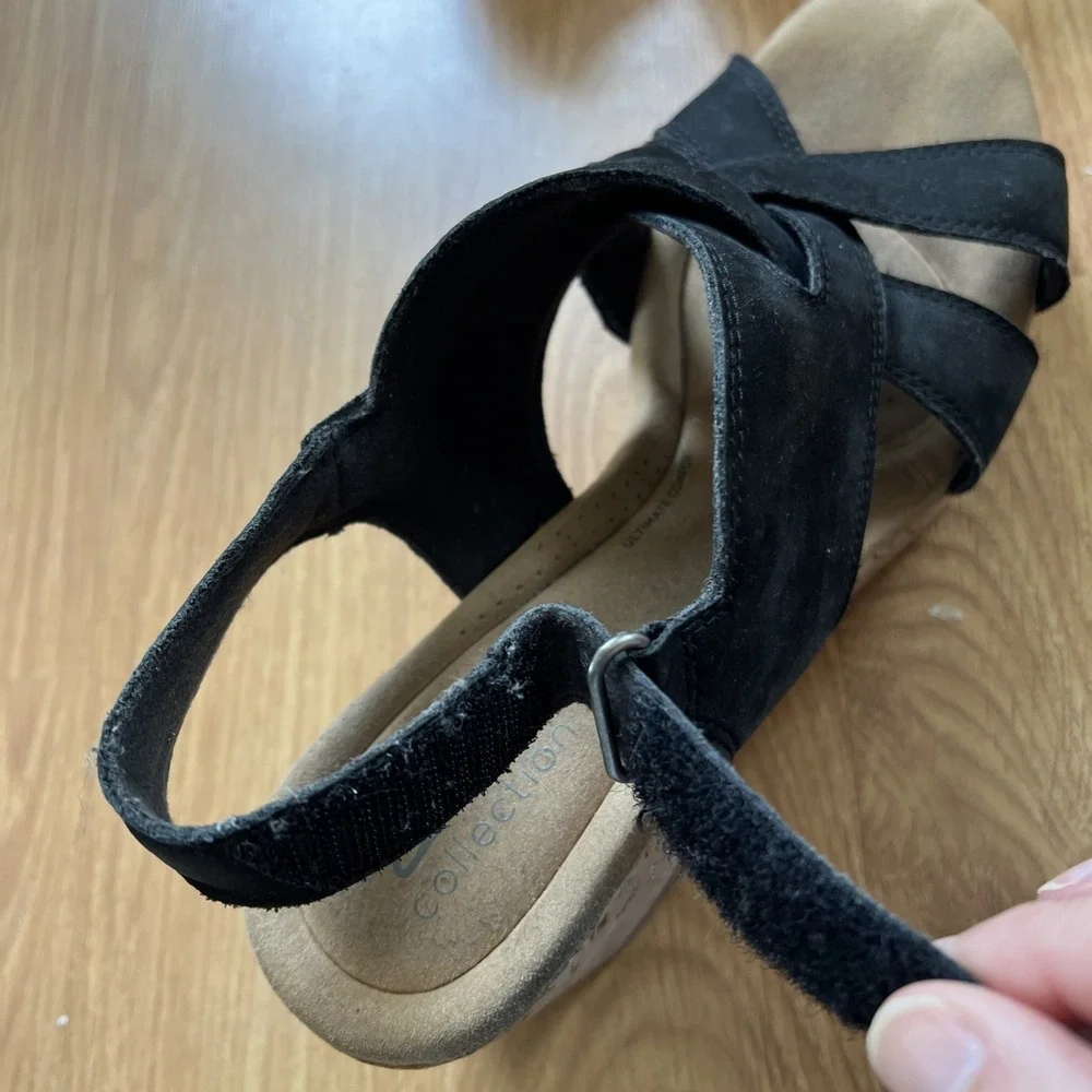Clarks Rose Wedge Sandal Womens Size 9 Black Ultimate Comfort Nubuck Leather 40